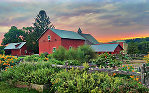 barn with sunset